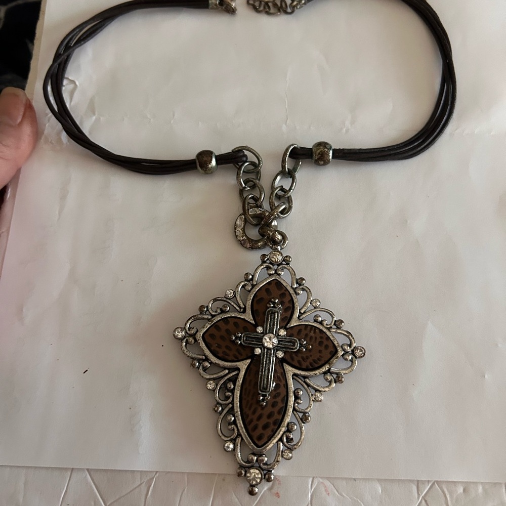 Elegant Brown and Silver Cross Pendant Necklace